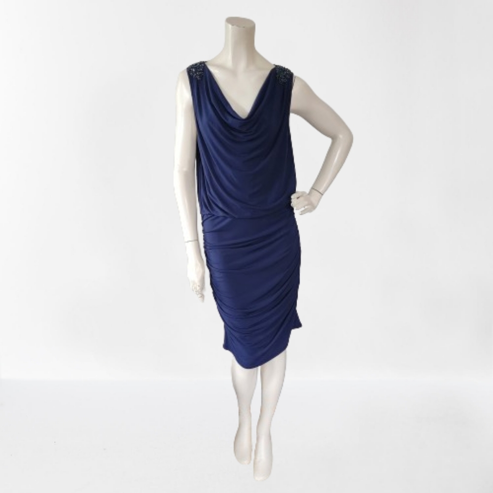 Venus Dress Womens L Navy Blue Sleeveless Ruched - Picture 2 of 9